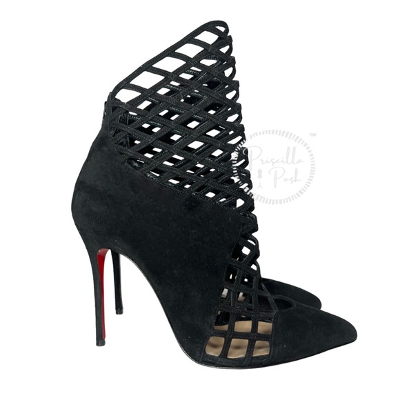 Christian Louboutin Black Suede Pointed Toe Ankle Boots Cutout Stiletto Heel 37 - Picture 9 of 16